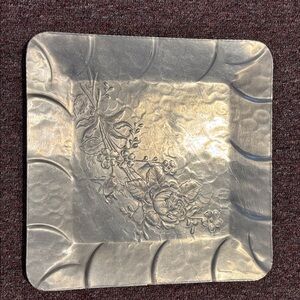 Vintage Hammered Aluminum Floral Serving Tray Square Metal Decorative Plate